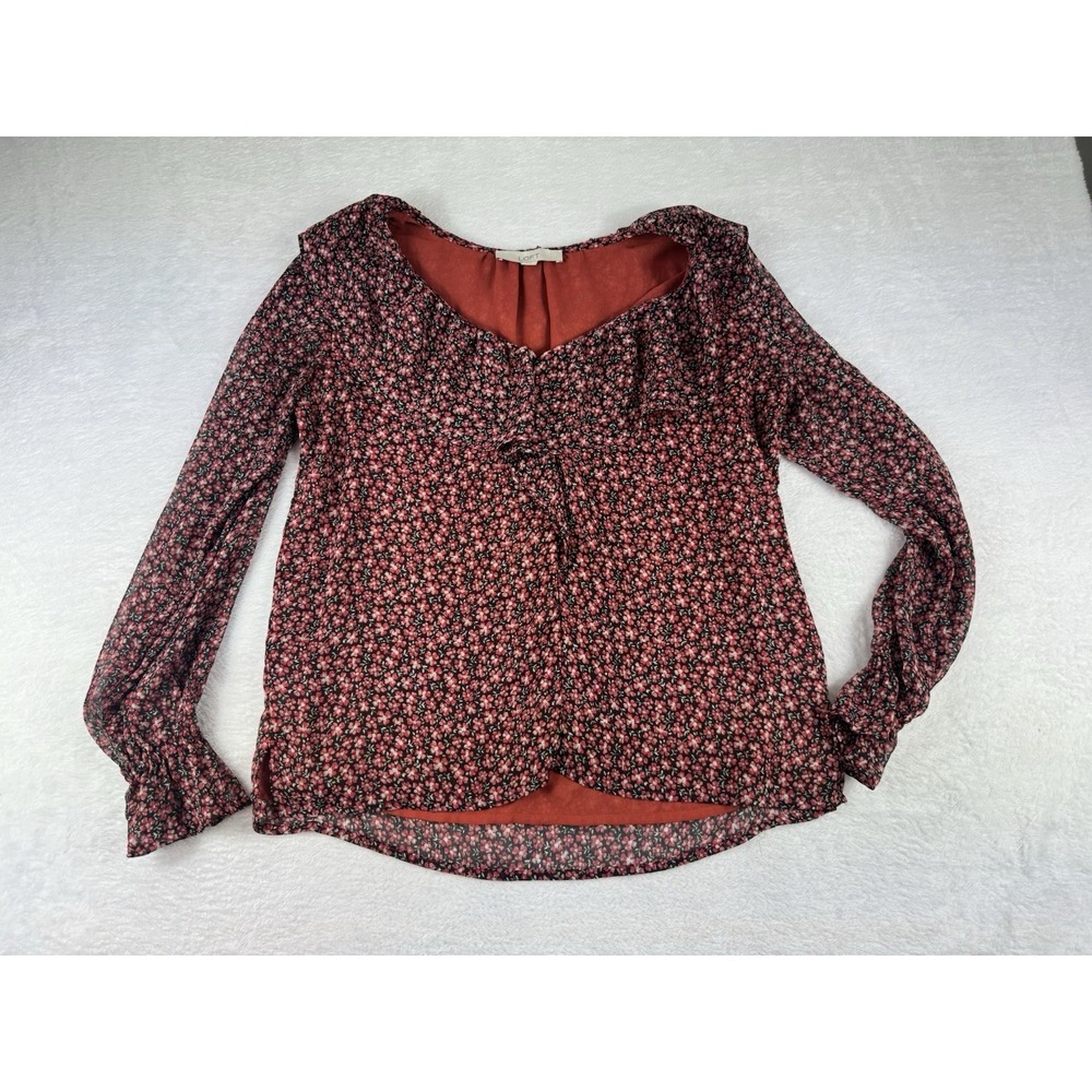 LOFT Size Small Red Black Floral Print Ruffle‎ Neck Long Sleeve V-Neck Blouse